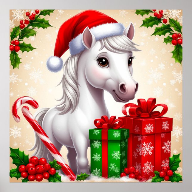 Póster Caballo Personalizado festivo en Santa Hat con reg (Frente)