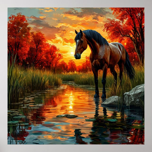 Póster Caballo por corriente de atardecer en un bosque ot (Frente)
