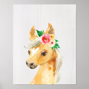Póster Caballo Potro Floral Acuarela