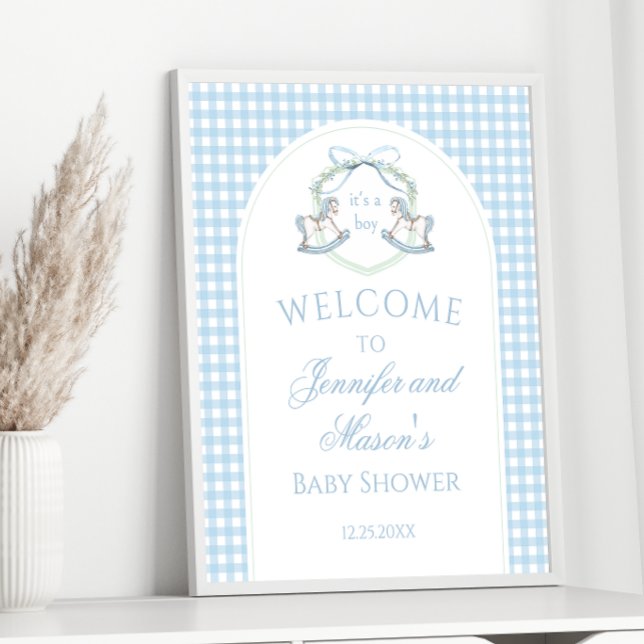Póster Caballo Rocoso Azul Preppy Gingham Baby Boy Shower (Subido por el creador)