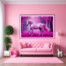 Caballo rosa místico en un bosque de fantasía