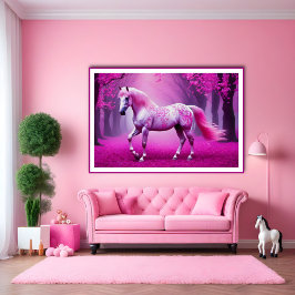 Póster Caballo rosa místico en un bosque de fantasía