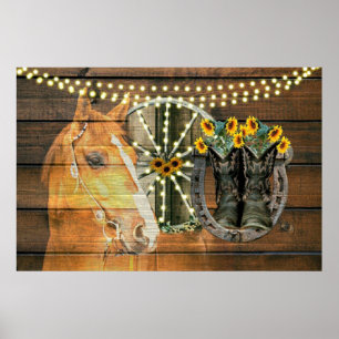 Póster Caballo Rústico Sunflowers Wagon Wheboy Boots