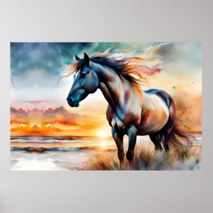 Póster Caballo salvaje en una duna fresca al atardecer