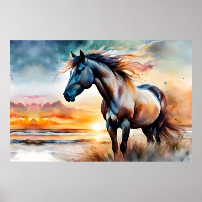 Póster Caballo salvaje en una duna fresca al atardecer (Frente)