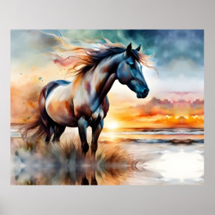 Póster Caballo salvaje en una duna fresca al atardecer
