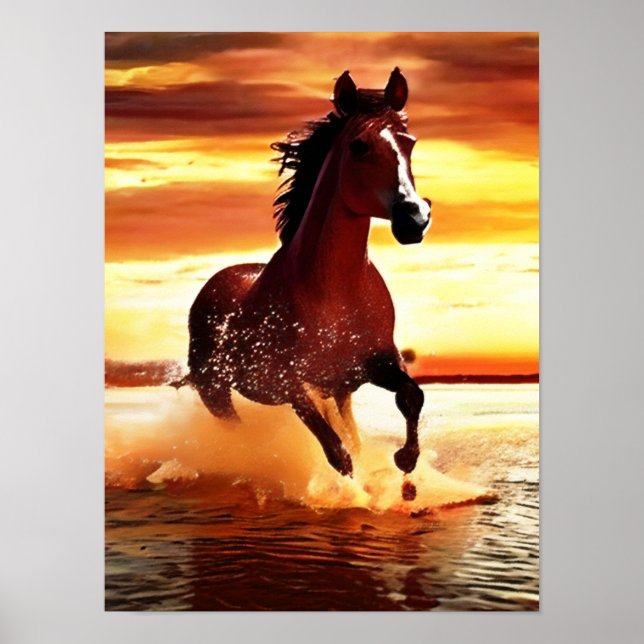 Póster Caballo Salvaje Galopando a Través del Oleaje (Frente)