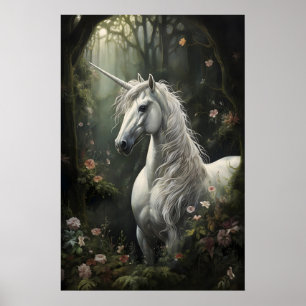 Póster Caballo unicornio blanco en estampa de bosque de f