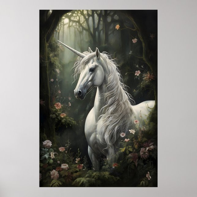 Póster Caballo unicornio blanco en estampa de bosque de f (Frente)