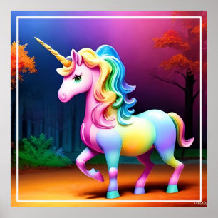 Póster Caballo unicornio con colores arcoiris