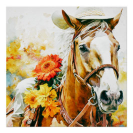 Póster caballo vintage con gorra de vaquera