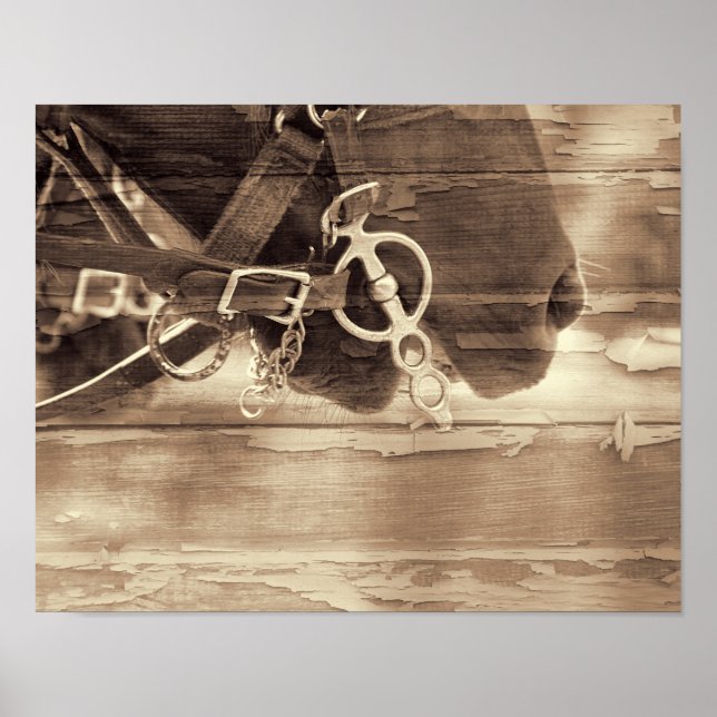 Póster Caballo Vintage Sepia Occidental Rústica Madera de (Frente)