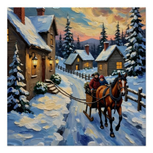 Póster Caballo Vintage y Trineo en Navidad Nevada