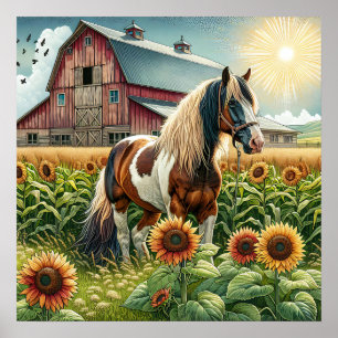 Póster Caballo visto, granero rústico, sol levantándose e