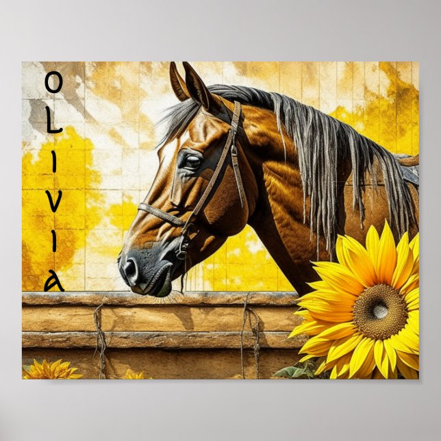 Póster Caballo y girasol Hermoso personalizado (Frente)