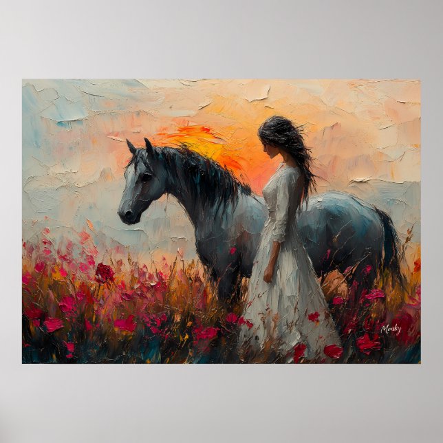 Póster Caballo y mujer encantadores en una puesta de sol  (Frente)