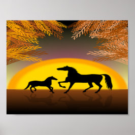 Póster caballos al atardecer