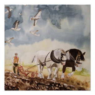 Póster Caballos Arando Acuarela