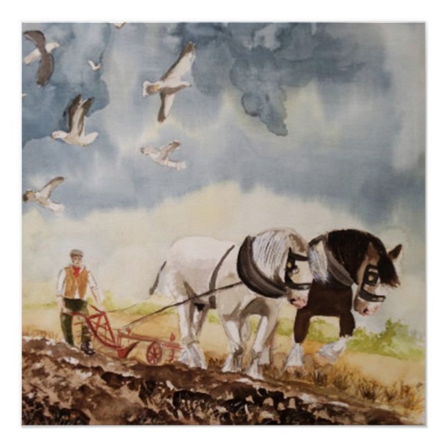 Póster Caballos Arando Acuarela (Anverso)