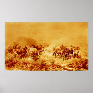 Póster CABALLOS ATACANDO A Naranja antiguo Sepia Marrón A