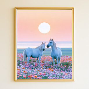 Póster Caballos Atardecer Pastel