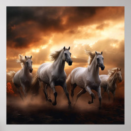 Póster caballos blancos al atardecer