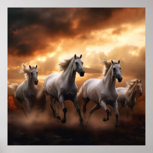 Póster caballos blancos al atardecer