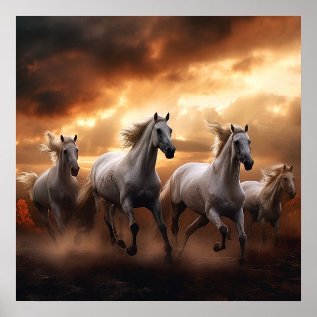 Póster caballos blancos al atardecer (Frente)