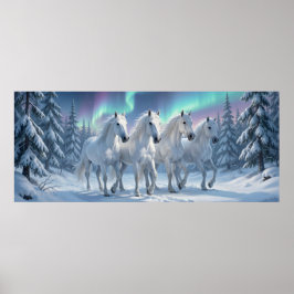 Póster Caballos blancos bajo la aurora boreal en el bosqu