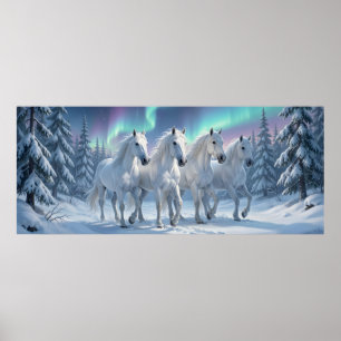 Póster Caballos blancos bajo la aurora boreal en el bosqu
