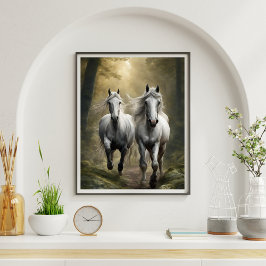 Póster Caballos blancos corriendo en el Poster forestal