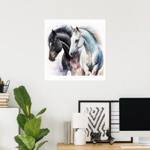 Póster Caballos blancos y negros en acuarela