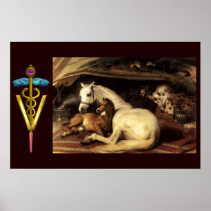 PÓSTER CABALLOS CON SÍMBOLO VETERINARIO CADUCEO DE ORO