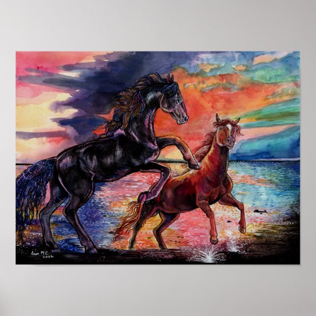 Póster Caballos de acuarela de cielo infinito (Frente)