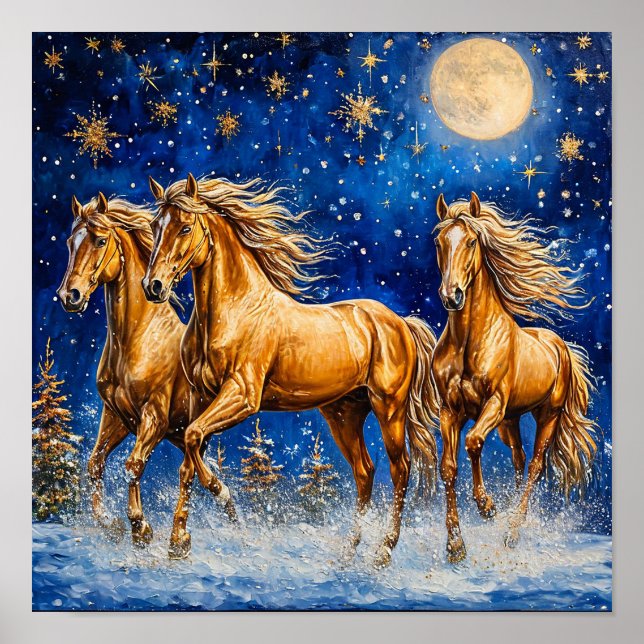 Póster Caballos de dibujos animados bajo el cielo nocturn (Frente)