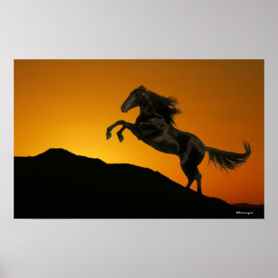 Póster Caballos de fantasía: atardecer de montaña