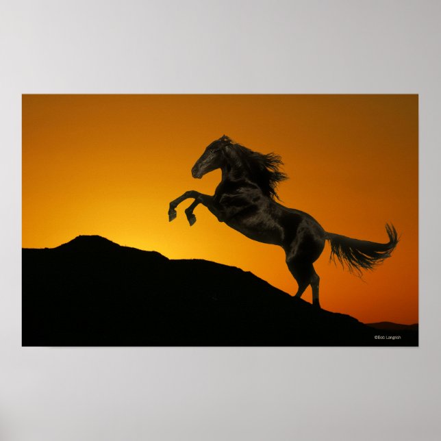 Póster Caballos de fantasía: atardecer de montaña (Frente)