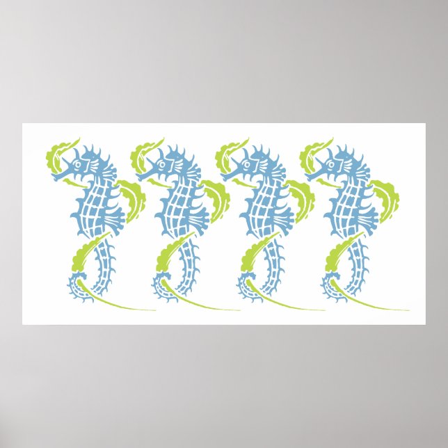Póster Caballos de mar azul oscuro, verde limón y algas m (Frente)