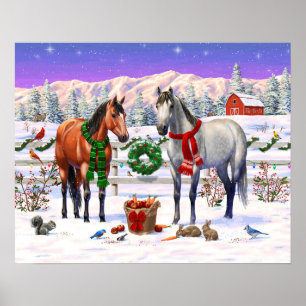 Póster Caballos de Navidad en la nieve