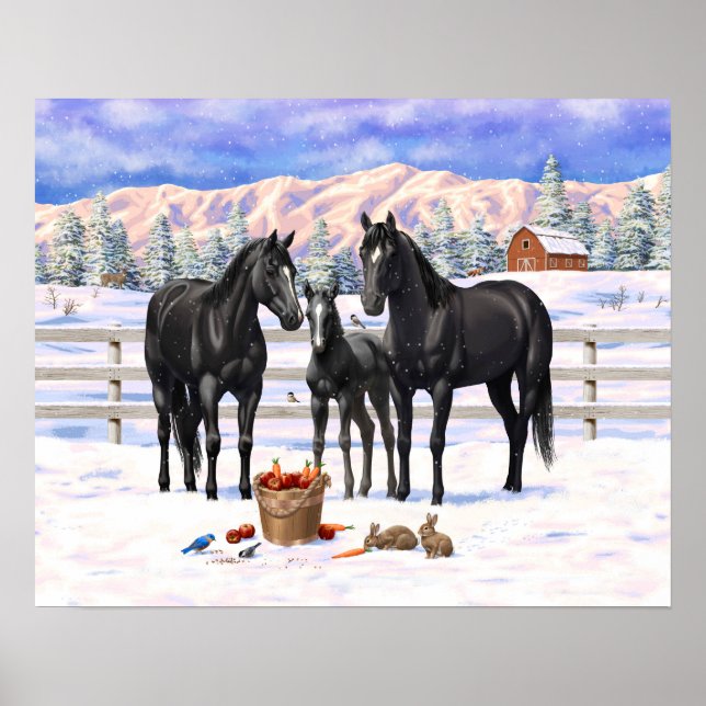 Póster Caballos del Barrio Negro en Nieve (Frente)