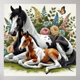 Póster Caballos descansando entre flores vibrantes y vege