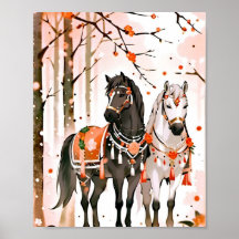 Caballos en un bosque rojo