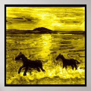Póster Caballos en un equino dorado a orillas del mar