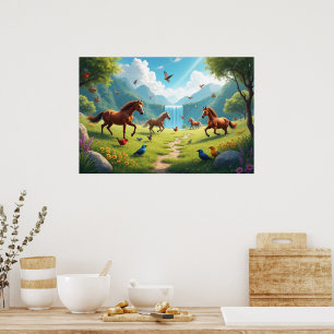 Póster Caballos juguetones y pájaros en prado exuberante