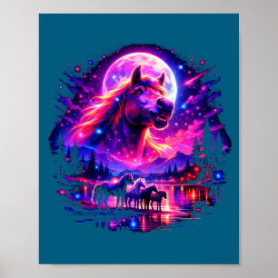 Póster Caballos mágicos ecuestres aullando luna amante de