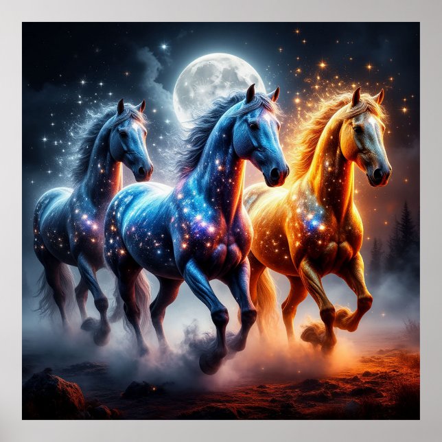 Póster Caballos majestuosos con patrones celestiales (Frente)