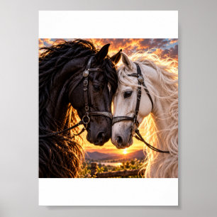 Póster Caballos negros y blancos: amigos para siempre