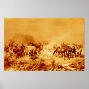 Póster CABALLOS PASTANDO Antiguo Naranja Amarillo Marrón