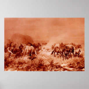 Póster CABALLOS PASTANDO Antiguo Rosa Marrón Rojo