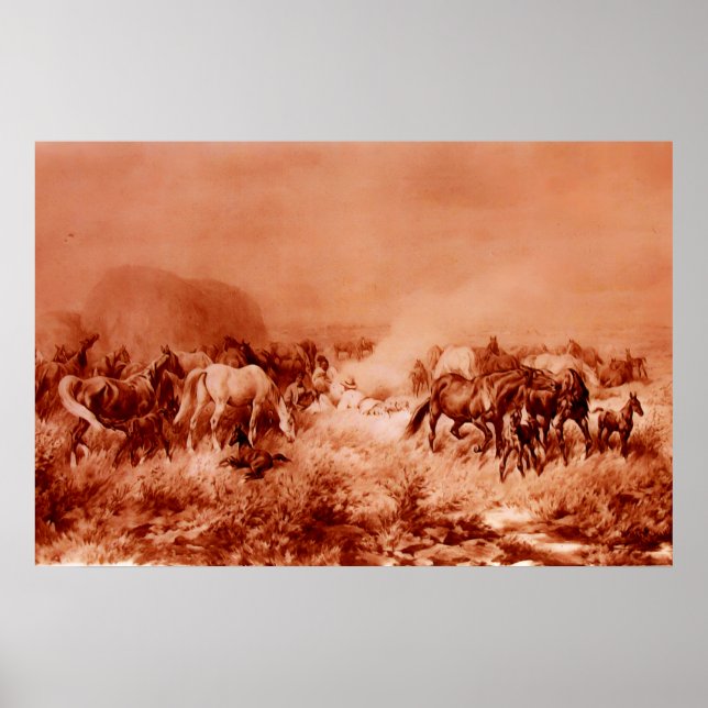 Póster CABALLOS PASTANDO Antiguo Rosa Marrón Rojo (Frente)